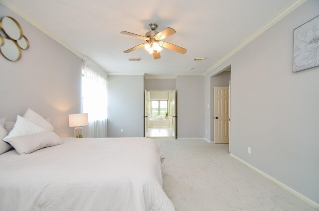 415 Wild Peach Pl, Missouri City, TX 77459 - bedroom with crown molding, light carpet, baseboards, a ceiling fan, and connected bathroom