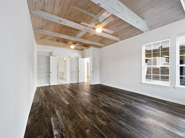 22014 Mission Hills Ln, Katy, TX 77450 - unfurnished room with beamed ceiling, a ceiling fan, wooden ceiling, hardwood / wood-style flooring, and baseboards