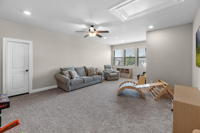 1810 Evergreen Bay Ln, Katy, TX 77494 - carpeted living area with attic access, a ceiling fan, baseboards, and recessed lighting