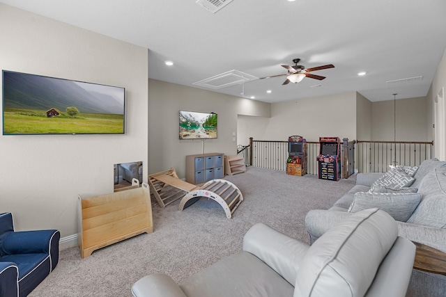 1810 Evergreen Bay Ln, Katy, TX 77494 - living room featuring attic access, carpet flooring, a ceiling fan, and recessed lighting