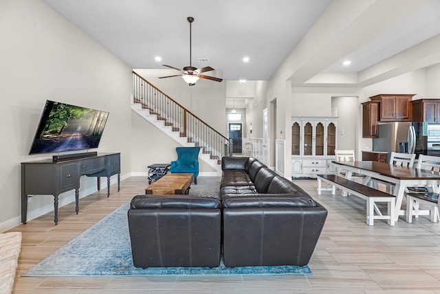 1810 Evergreen Bay Ln, Katy, TX 77494 - living room featuring stairs, ceiling fan, recessed lighting, and baseboards