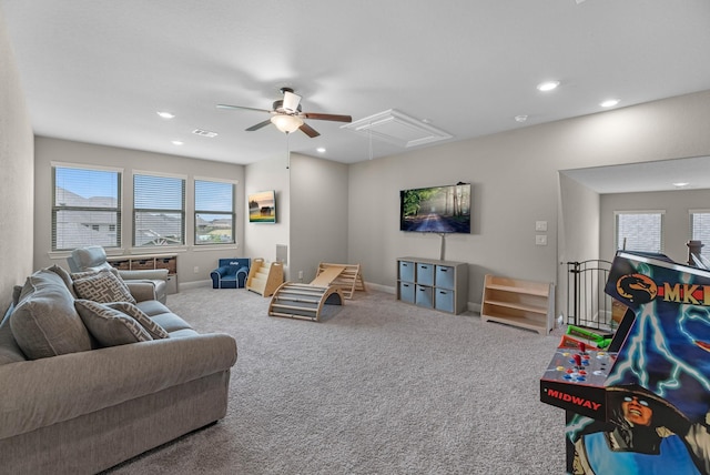 1810 Evergreen Bay Ln, Katy, TX 77494 - carpeted living area with attic access, ceiling fan, recessed lighting, and baseboards