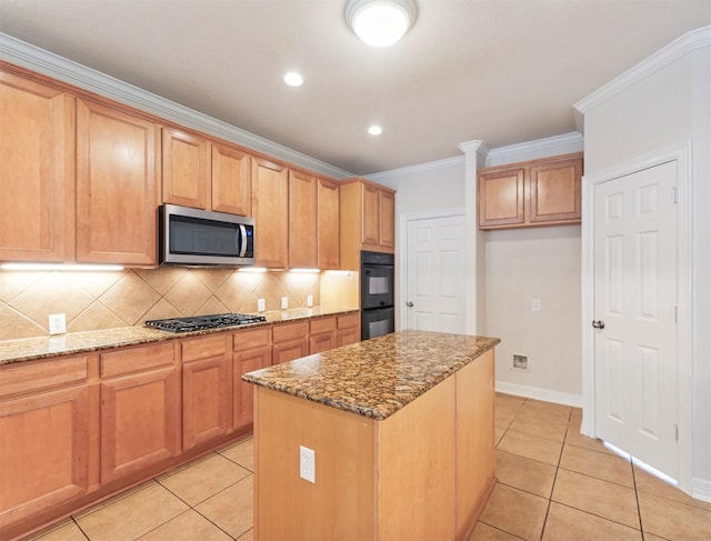14414 Spring Mountain Dr, Tomball, TX 77377 - kitchen with appliances with stainless steel finishes, light tile patterned floors, decorative backsplash, light stone counters, and ornamental molding