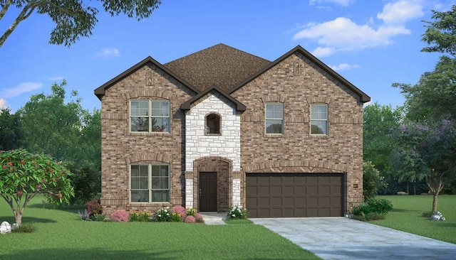 2213 Sonder Shore Dr, Katy, TX 77493 - french provincial home with brick siding, a garage, driveway, a front yard, and stone siding