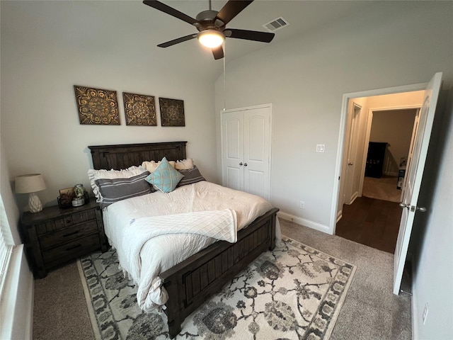 7426 Water Glen Ln, Manvel, TX 77578 - bedroom with carpet floors, lofted ceiling, a closet, baseboards, and ceiling fan