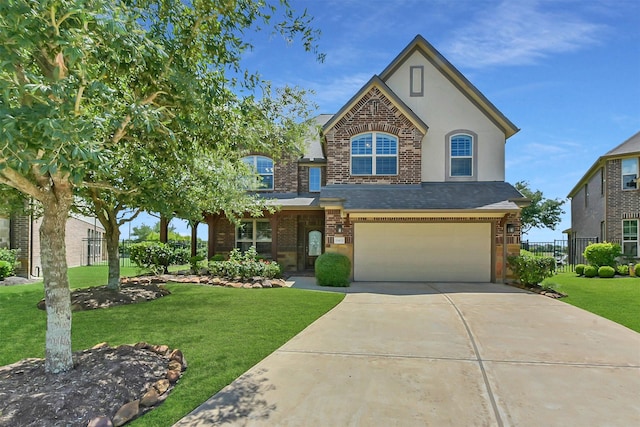 view of front of home featuring a garage, concrete driveway, stucco siding, and brick siding