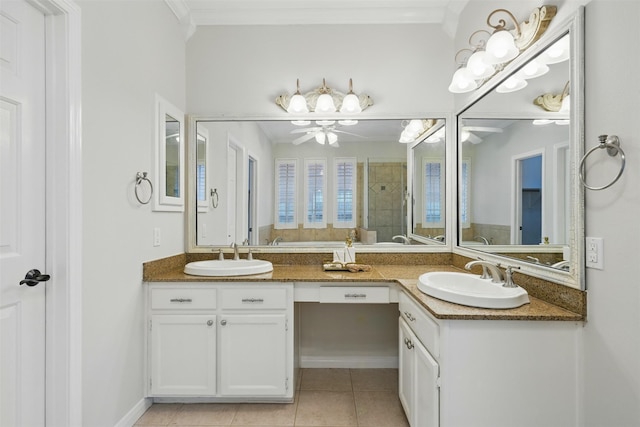 4027 Austin Meadow Dr, Sugar Land, TX 77479 - full bathroom featuring double vanity, tile patterned flooring, tiled shower, a ceiling fan, and crown molding