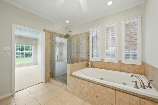 4027 Austin Meadow Dr, Sugar Land, TX 77479 - full bathroom featuring a shower stall, tile patterned floors, a whirlpool tub, crown molding, and ceiling fan