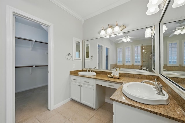 4027 Austin Meadow Dr, Sugar Land, TX 77479 - full bath featuring double vanity, a garden tub, tile patterned flooring, crown molding, and a ceiling fan