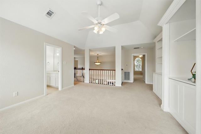 4027 Austin Meadow Dr, Sugar Land, TX 77479 - unfurnished room with ceiling fan, light colored carpet, lofted ceiling, and baseboards