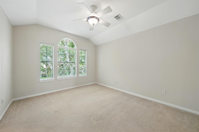 4027 Austin Meadow Dr, Sugar Land, TX 77479 - empty room featuring a ceiling fan, light carpet, lofted ceiling, and baseboards