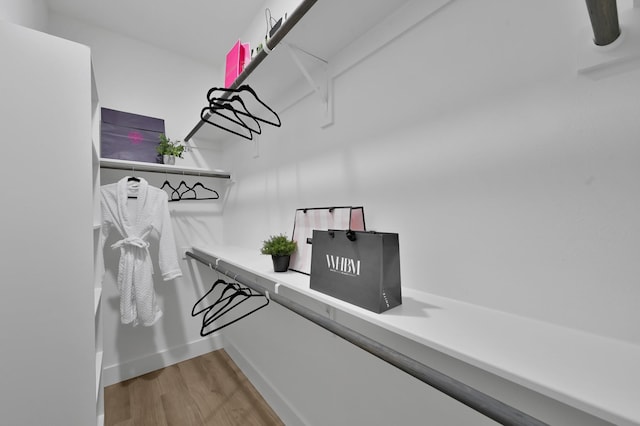 walk in closet with wood finished floors and pet washing station