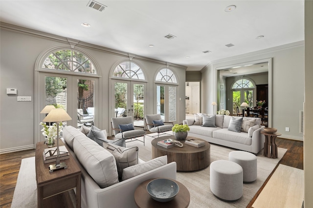 311 Indian Byu, Houston, TX 77057 - living area featuring ornamental molding, wood finished floors, french doors, baseboards, and recessed lighting