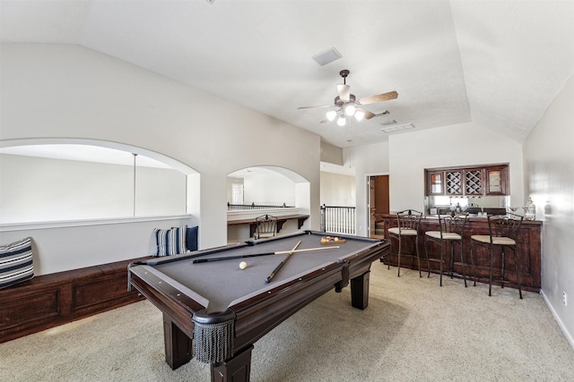 11405 Starlight Bay St, Pearland, TX 77584 - playroom with vaulted ceiling, carpet, ceiling fan, billiards table, and arched walkways