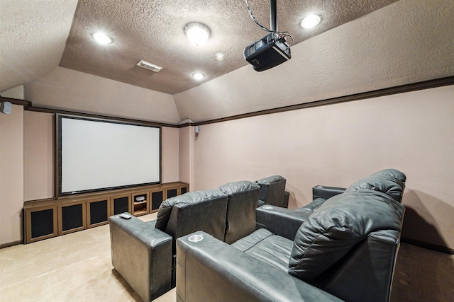 11405 Starlight Bay St, Pearland, TX 77584 - home theater featuring lofted ceiling, a textured ceiling, light colored carpet, and recessed lighting