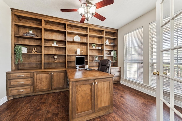 11405 Starlight Bay St, Pearland, TX 77584 - office area with ceiling fan, baseboards, dark wood-style floors, and built in features