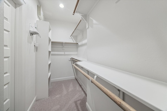 walk in closet with light carpet