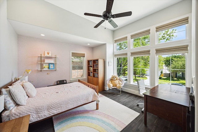 3912 Browning St, West University Place, TX 77005 - bedroom featuring dark wood finished floors, recessed lighting, ceiling fan, and a towering ceiling