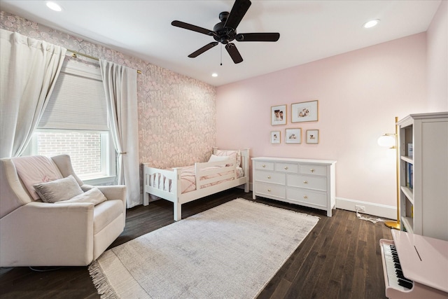 3912 Browning St, West University Place, TX 77005 - bedroom featuring baseboards, dark wood-style floors, ceiling fan, recessed lighting, and wallpapered walls