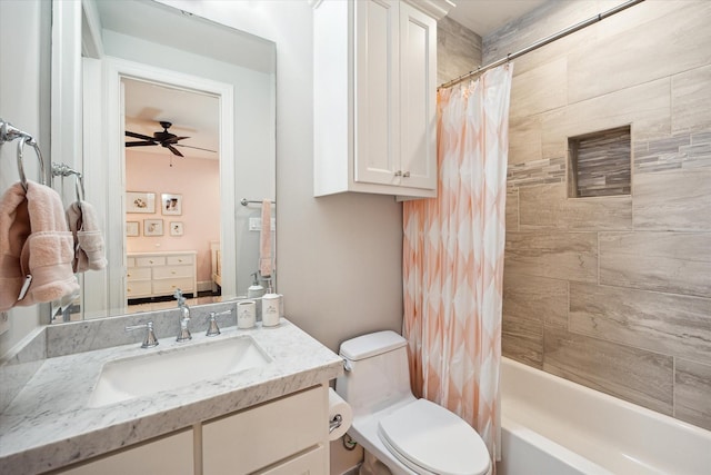 3912 Browning St, West University Place, TX 77005 - full bath featuring toilet, vanity, shower / bath combination with curtain, and a ceiling fan