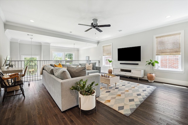 3912 Browning St, West University Place, TX 77005 - living room featuring crown molding, ceiling fan, dark wood finished floors, recessed lighting, and baseboards