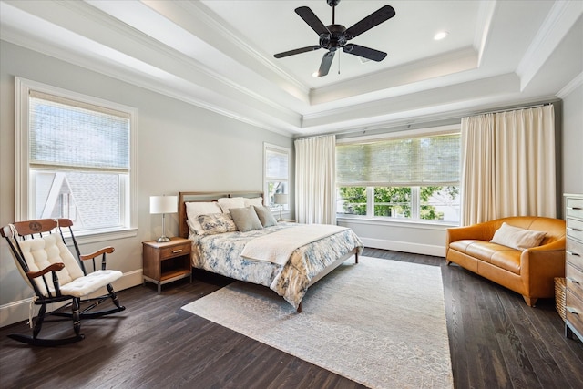 3912 Browning St, West University Place, TX 77005 - bedroom featuring a tray ceiling, ornamental molding, dark wood-type flooring, baseboards, and recessed lighting