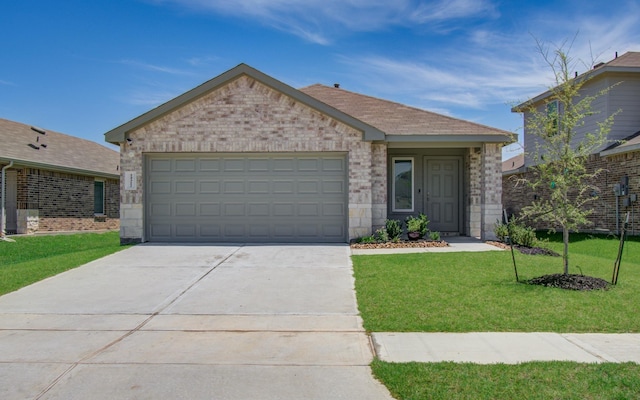 single story home with driveway, a front yard, an attached garage, brick siding, and roof with shingles
