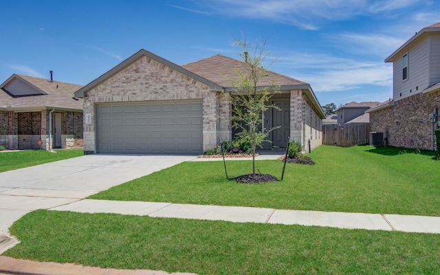 ranch-style home with brick siding, a garage, concrete driveway, central AC unit, and roof with shingles