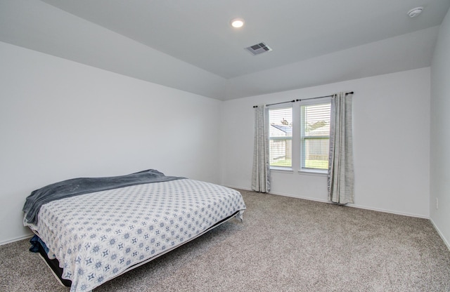 bedroom with carpet floors, baseboards, recessed lighting, and lofted ceiling