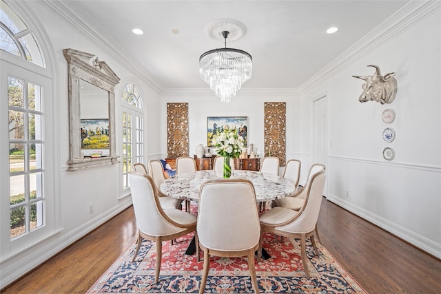 853 Rocky River Rd, Houston, TX 77056 - dining space featuring wood finished floors, healthy amount of natural light, a chandelier, ornamental molding, and baseboards