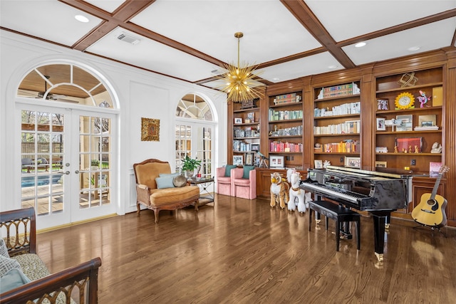 853 Rocky River Rd, Houston, TX 77056 - sitting room with coffered ceiling, french doors, wood finished floors, built in shelves, and recessed lighting