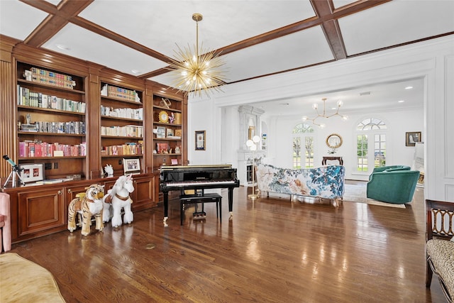 853 Rocky River Rd, Houston, TX 77056 - living area with a chandelier, coffered ceiling, wood finished floors, crown molding, and beam ceiling