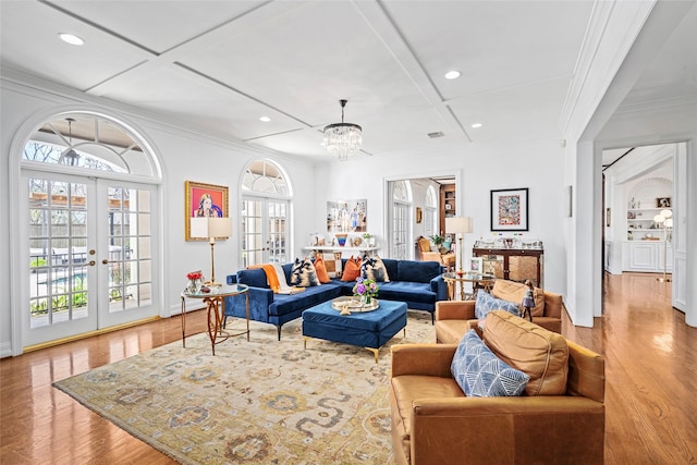 853 Rocky River Rd, Houston, TX 77056 - living area featuring coffered ceiling, french doors, wood finished floors, recessed lighting, and ornamental molding
