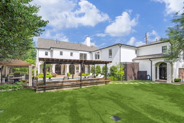 853 Rocky River Rd, Houston, TX 77056 - back of house featuring a chimney, a pool, a pergola, a patio, and stucco siding