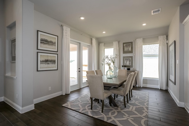 17016 Sweet Iris Ct, Conroe, TX 77302 - dining area with baseboards, dark wood-type flooring, french doors, and recessed lighting