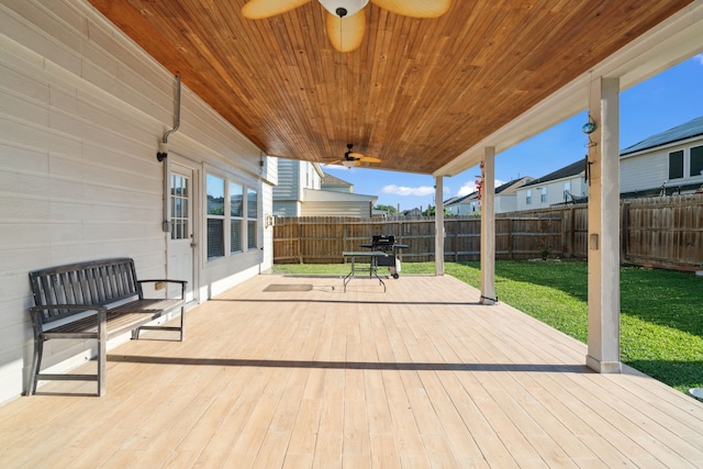 8006 Saffron Ln, Baytown, TX 77521 - wooden deck featuring a ceiling fan and area for grilling