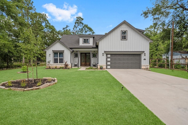 16709 W Rayburn Dr, Conroe, TX 77302 - modern inspired farmhouse featuring french doors, a shingled roof, driveway, and board and batten siding