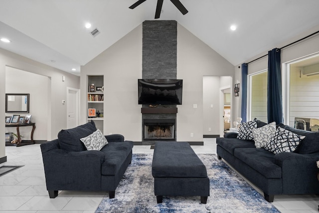 16709 W Rayburn Dr, Conroe, TX 77302 - living area featuring ceiling fan, high vaulted ceiling, recessed lighting, a fireplace, and light marble finish flooring