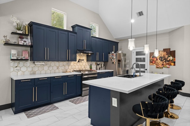 16709 W Rayburn Dr, Conroe, TX 77302 - kitchen with appliances with stainless steel finishes, blue cabinets, a sink, under cabinet range hood, and high vaulted ceiling
