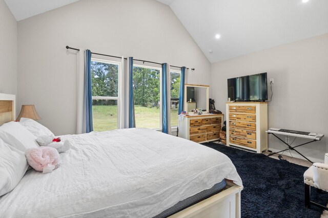 16709 W Rayburn Dr, Conroe, TX 77302 - carpeted bedroom with high vaulted ceiling and recessed lighting