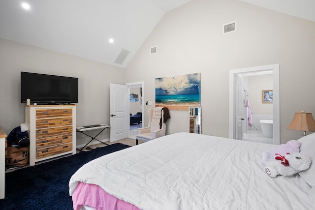 16709 W Rayburn Dr, Conroe, TX 77302 - bedroom featuring high vaulted ceiling, carpet, ensuite bathroom, and recessed lighting
