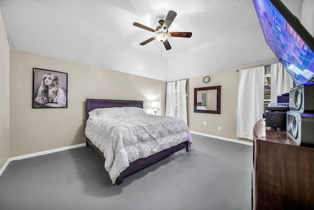 15153 Grassington Dr, Channelview, TX 77530 - bedroom featuring baseboards, a textured ceiling, ceiling fan, lofted ceiling, and concrete flooring