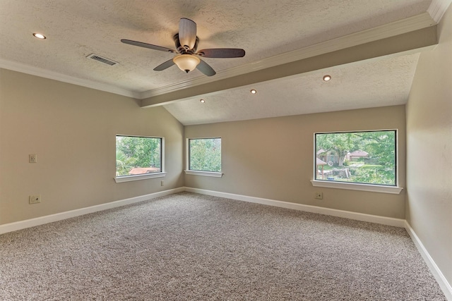 carpeted spare room with a textured ceiling, crown molding, a ceiling fan, baseboards, and recessed lighting