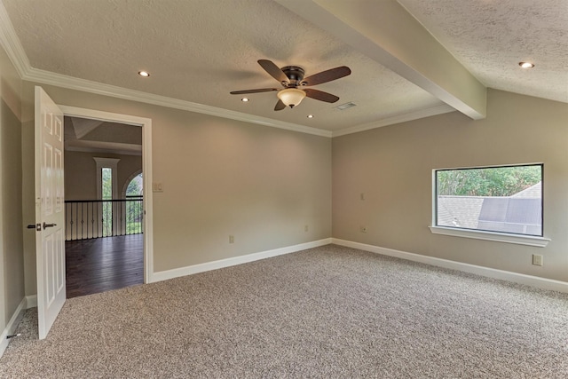 carpeted empty room featuring ceiling fan, a textured ceiling, baseboards, recessed lighting, and crown molding