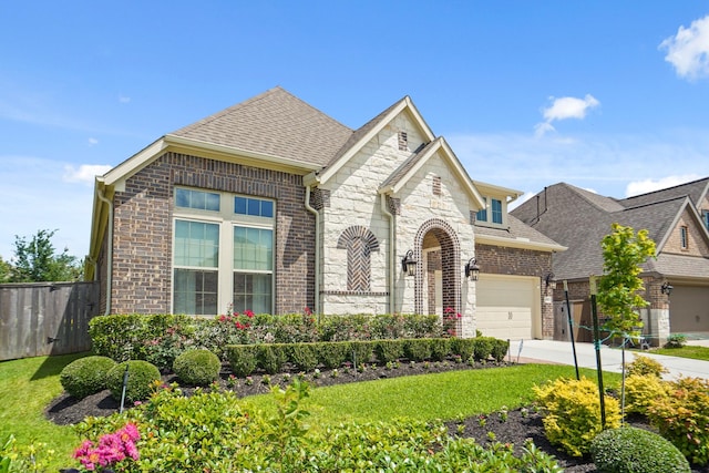 146 Painted Trillium Dr, Conroe, TX 77304 - french provincial home featuring brick siding, driveway, an attached garage, roof with shingles, and stone siding