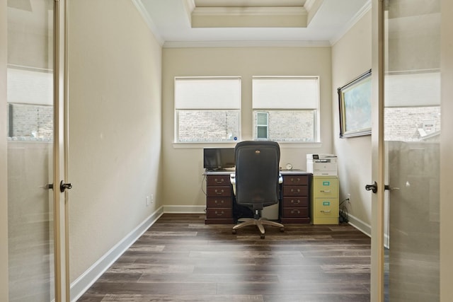 146 Painted Trillium Dr, Conroe, TX 77304 - home office featuring healthy amount of natural light, dark wood-type flooring, crown molding, a tray ceiling, and baseboards