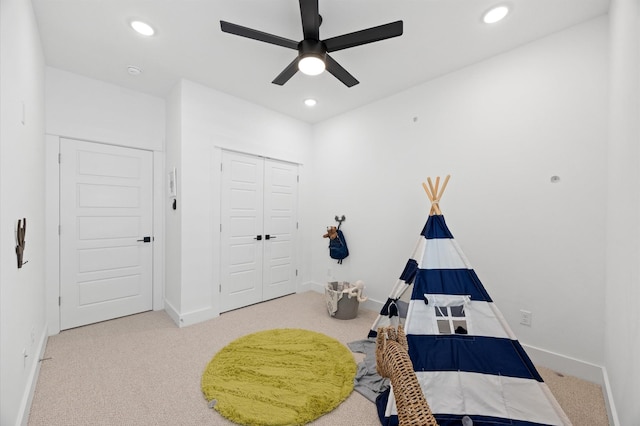 5814 Highland Sky Ln, Houston, TX 77091 - rec room featuring carpet, ceiling fan, and recessed lighting