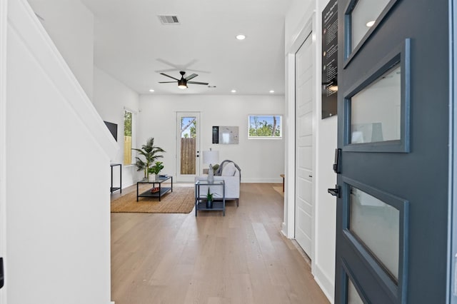 5814 Highland Sky Ln, Houston, TX 77091 - foyer featuring recessed lighting, light wood-style flooring, and ceiling fan