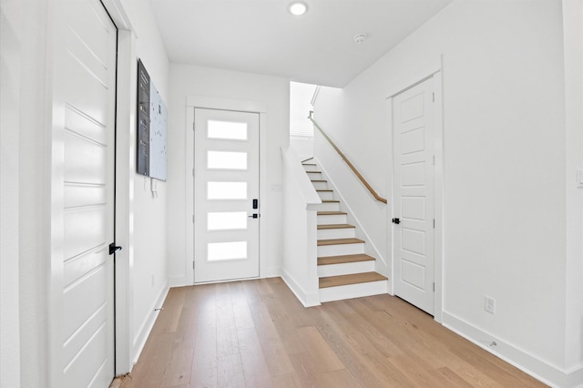 5814 Highland Sky Ln, Houston, TX 77091 - foyer featuring light wood-style flooring, stairs, and recessed lighting