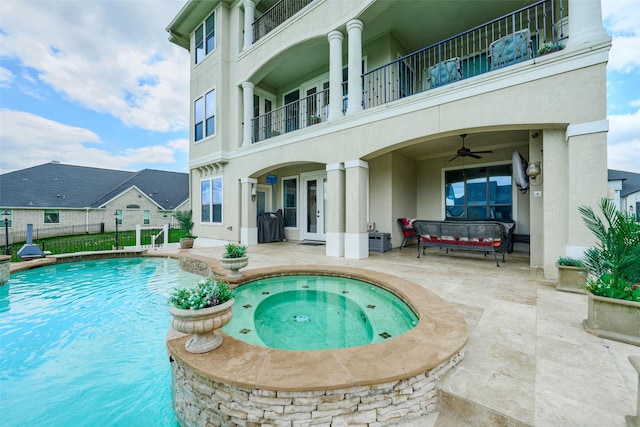 12590 St Ann Ct, Willis, TX 77318 - view of pool with a patio area, fence, french doors, a ceiling fan, and a pool with connected hot tub